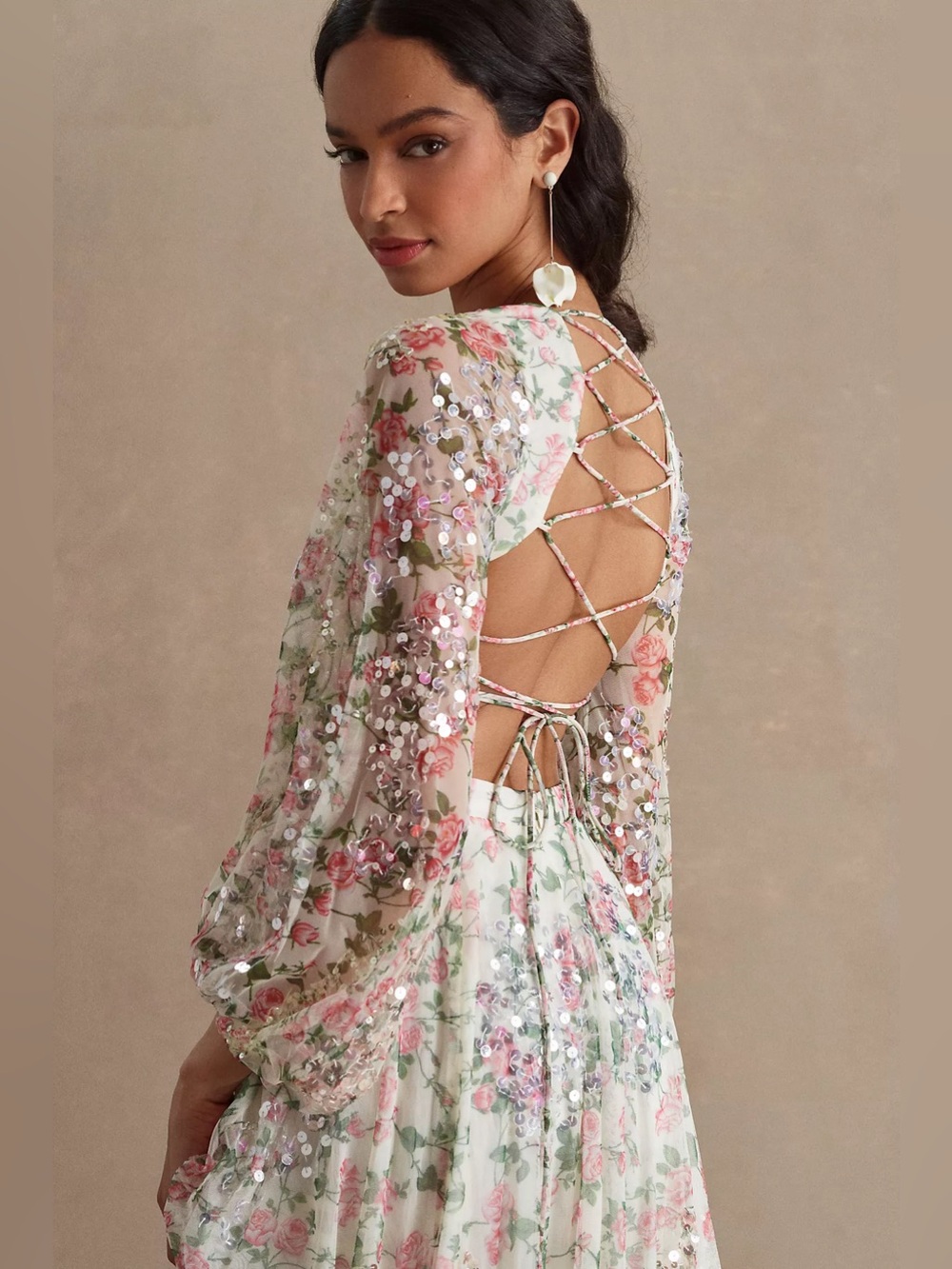 Mac Duggal Sequined Floral Print Cutout Lace-Up Gown - Picture 2 of 4